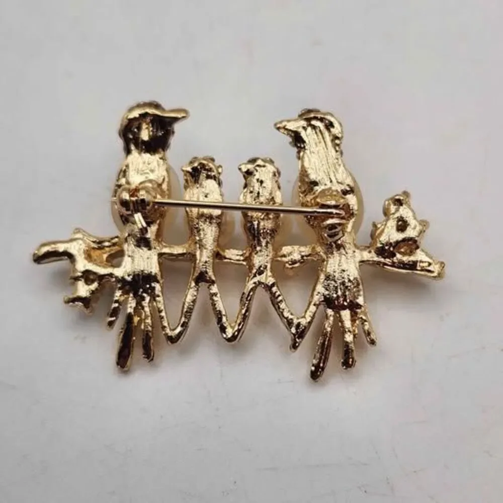Faux Pearl and Rhinestone Bird Family Brooch